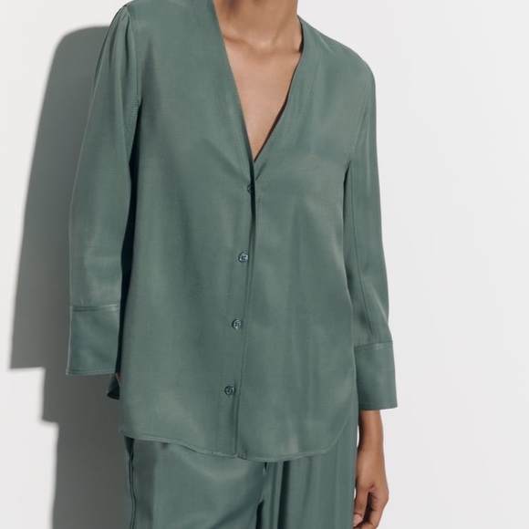 NWT ZARA GREEN FLOWY BUTTONED BLOUSE & FLUID PAJAMA PANTS COORD MATCHING SET XS - Picture 5 of 10